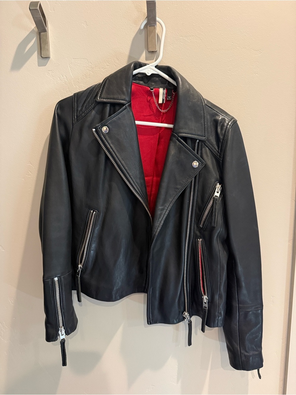 Topshop Black Jacket with Red Lining and Silver Chain Detail